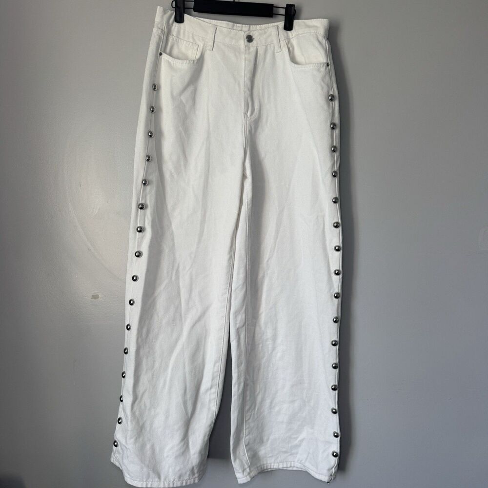 Dome Silver Stud Baggy Wide Leg Low Rise White Jeans Sz 30 Unisex Misguided